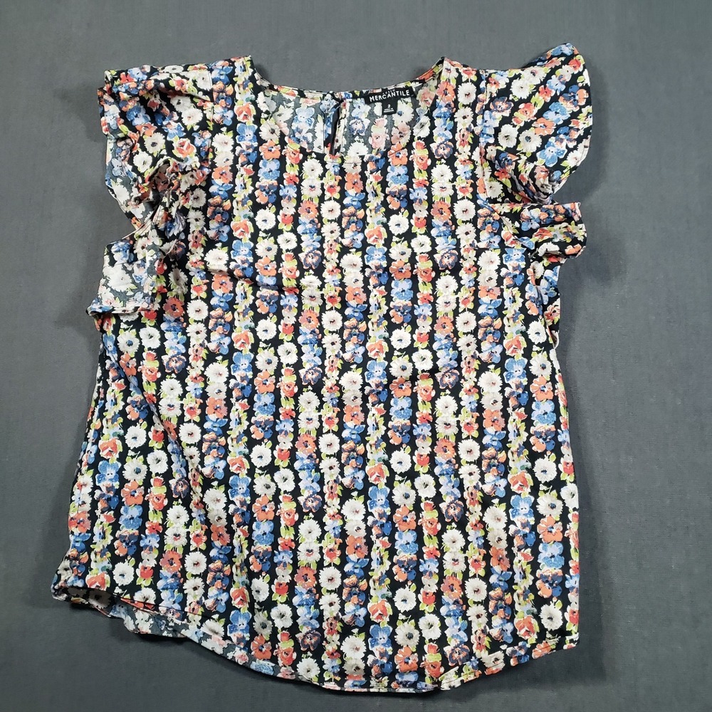 J.Crew Mercantile Blouse Womens 2 Multicolor Floral Stripe Flutter Sleeve J6428